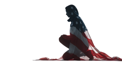 HD realistic praying woman in front of a flag isolated on white png
