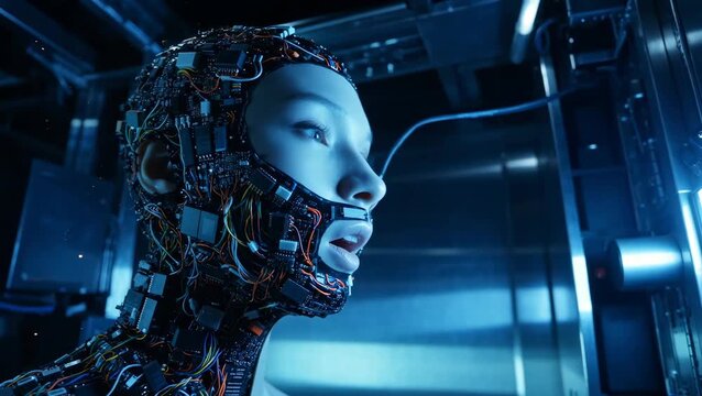 Video of Humanoid in a Futuristic Lab: A mesmerizing cyborg contemplates its existence within a neon-lit, futuristic laboratory. A glimpse into the future of humanity.
