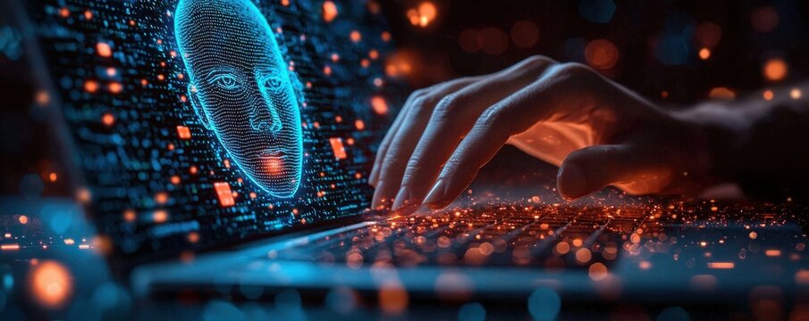 A hand typing on a laptop featuring a glowing digital face interface
