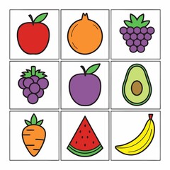 Colorful Grid of Cartoon Fruit and Vegetable Illustrations for Kids Learning Resources or Educational Materials Featuring Simple Designs