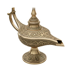 Fototapeta premium Ornate Oil Lamp: Detailed 3D Model with Transparent Background, Intricate Design, Golden Finish