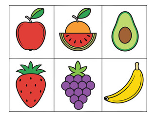 Collection of Colorful Cartoon Fruit Illustrations Featuring an Apple Watermelon Orange Avocado Strawberry Grapes and Banana