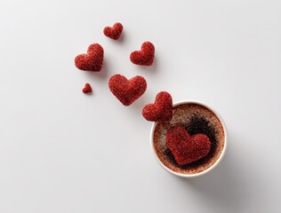 Coffee cup with heart-shaped sprinkles scattered around on a clean white surface, top view