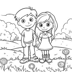 Cheerful cartoon illustration of a boy and girl standing together in a field of flowers