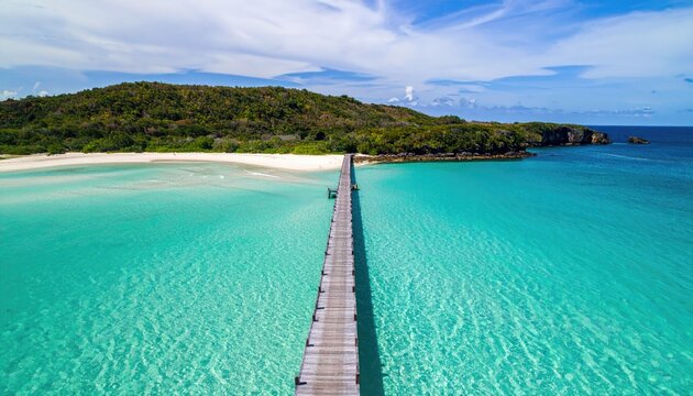 Aerial View of Wooden Pier Extending to Tropical Island Beach
