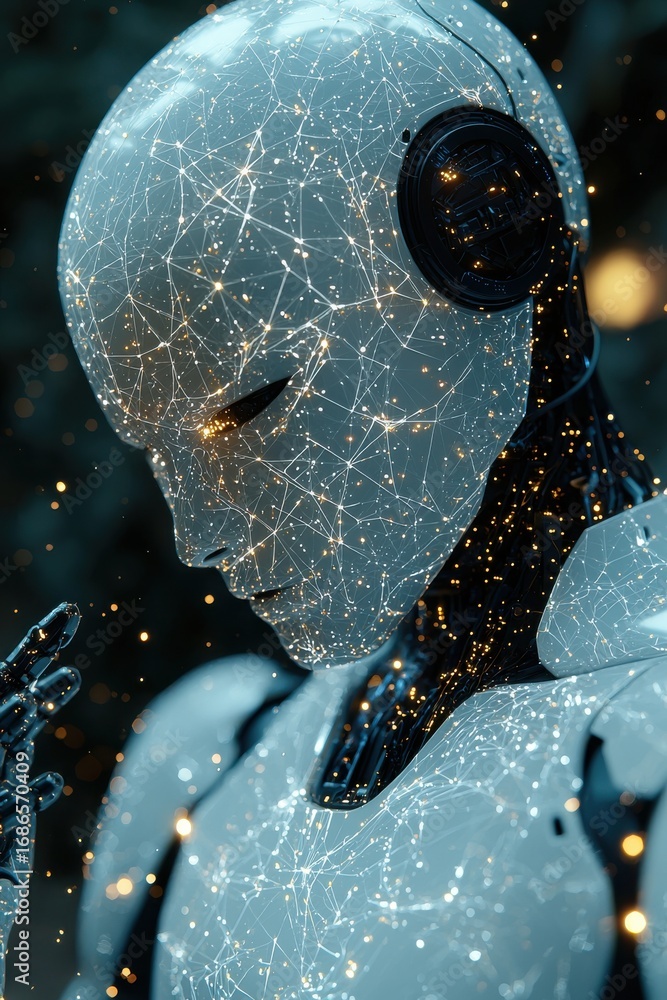 Poster futuristic humanoid robot with intricate glowing network design