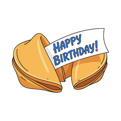 Cartoon illustration of an open fortune cookie with a Happy Birthday message.