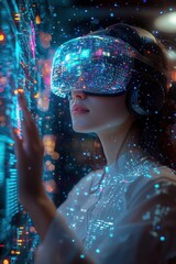 Woman Experiencing Virtual Reality With Advanced Technology in Immersive Environment