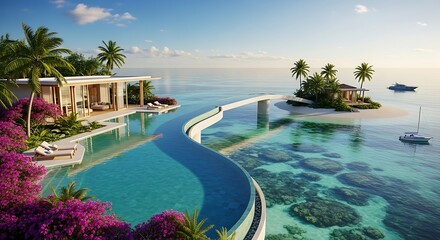 Tropical paradise villa with infinity pool stretching to a private island