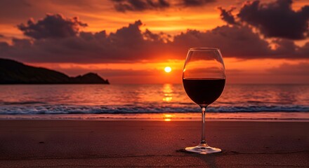 Wine glass at sunset on the beach