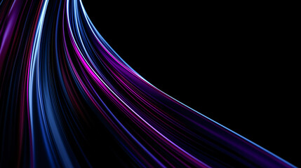 Abstract neon ribbons in blue, purple, and pink are flowing diagonally on a black background. Futuristic, glossy lines ideal for tech, digital art, and modern design visuals.