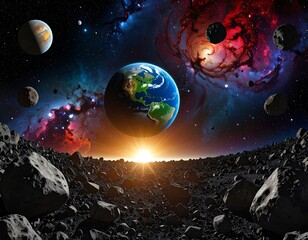 A cosmic landscape with Earth and asteroids