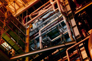 Complex network of industrial pipes in a large manufacturing facility at night