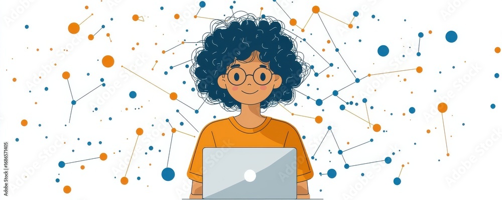 Poster creative illustration of a programmer surrounded by connected dots and networks