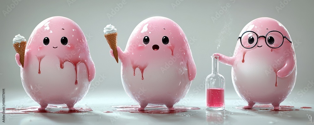Poster cute pink characters enjoying ice cream and conducting science experiments