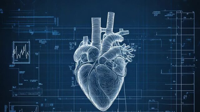 Human heart wireframe model overlaying medical data charts and graphs