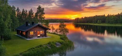 Fototapeta premium Sunset Serenity: Lakeside Log Cabin Retreat