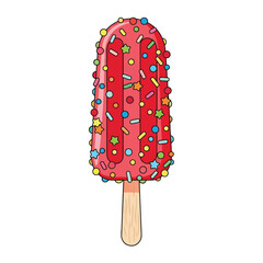 Vibrant red popsicle with colorful sprinkles on a wooden stick, a sweet frozen treat illustration.