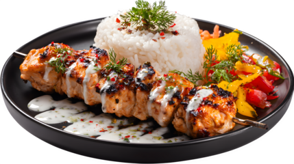 grilled chicken kebabs with rice and sauce on dark plate isolated on white