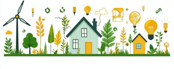 Fototapeta premium Sustainable Living Concepts Featuring Eco-Friendly Homes and Solar Energy Illustrations