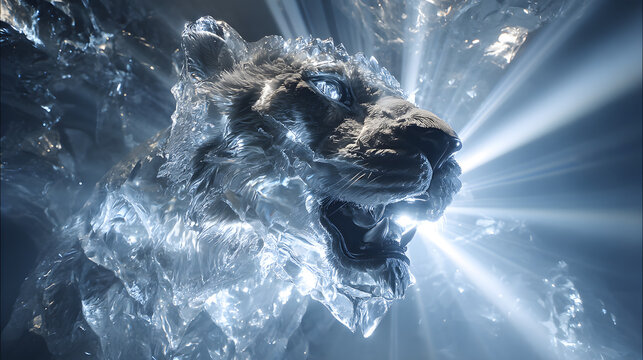 Artistic ice sculpture decor Majestic ice sculpture of a lion roaring fiercely. Winter event lighting effects Frozen crystal illumination