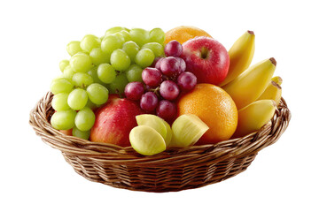 A wicker basket overflowing with assorted fresh fruits.  Green grapes, red grapes, apples, bananas, and oranges are prominently featured.  The basket is light brown.