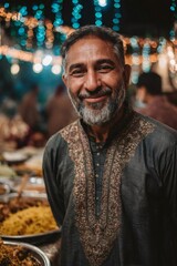 Obraz premium Smiling food vendor posing at night market in pakistan