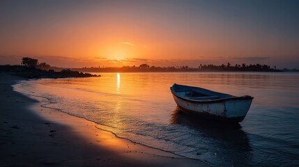 Obraz premium Sunrise over the beach with a fishing boat