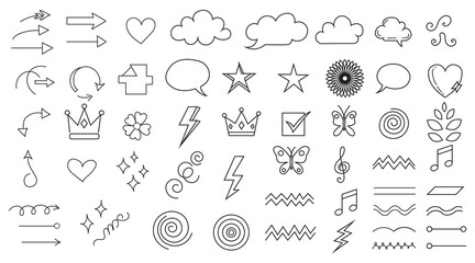 Collection of simple hand-drawn line art icons and symbols for design