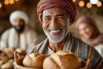 Smiling senior baker holding basket of freshly baked bread in bakery