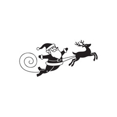 Santa Claus and Reindeer Flying in a Simple Illustration.A black and white illustration of Santa Claus flying through the air with a reindeer pulling a sleigh.