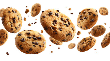 HD realistic chocolate chip cookies falling isolated on white or white png