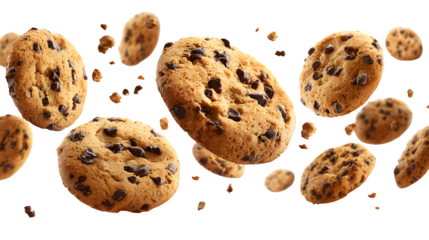 HD realistic chocolate chip cookies falling isolated on white or white png
