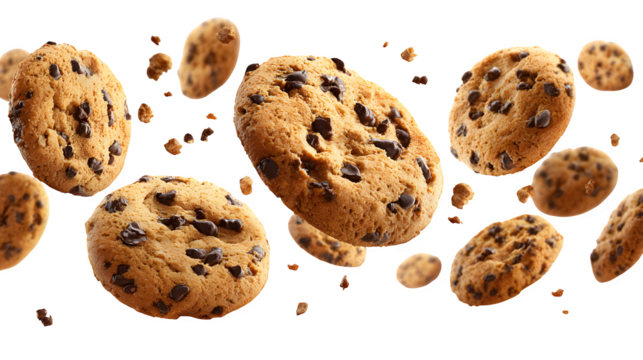 HD realistic chocolate chip cookies falling isolated on white or white png
