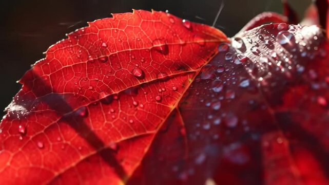 Close-up of vibrant red leaf with water droplets, autumn nature beauty. Fall color plant.