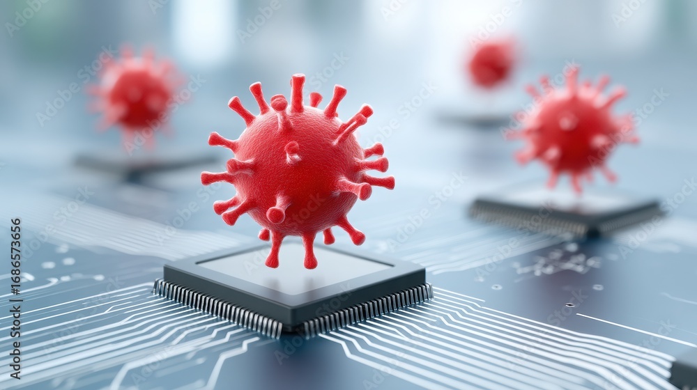 Poster virus models on microchips symbolize the intersection of technology and health challenges.