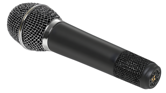 HD realistic black microphone with mesh head isolated on white or white png