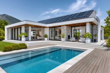 Fototapeta premium Modern sustainable house with solar panels and swimming pool