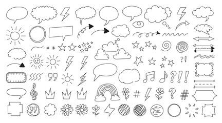 Whimsical hand-drawn doodles of speech bubbles, stars, clouds, and symbols for creative expression.