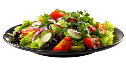 HD realistic healthy garden salad with ingredients on black plate isolated on white