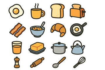 Breakfast and cooking icon set. Vector cartoon illustration of food and kitchen essentials like egg, bacon, toast, coffee, and utensils. Isolated flat design elements.