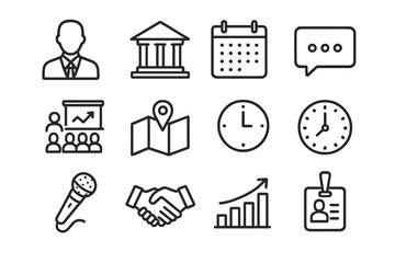 Business and event management icon set. Thin line icons for conference, schedule, venue, communication, presentation, growth, handshake, speaker, map location, and ID badge.