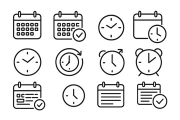 Calendar and clock linear icon set. Schedule, time management, and planner outline icons. Vector symbols for deadline, appointment, event, reminder, date, and stopwatch.