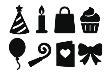 Celebration icons set with party hat, candle, gift bag, cupcake, balloon, blower, card, bow. Black silhouette vector illustration for birthday, holiday, event design.