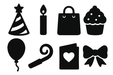 Birthday party celebration solid glyph icons set. Black silhouette graphic elements. Design includes party hat, candle, gift bag, cupcake, balloon, card, and bow symbols.