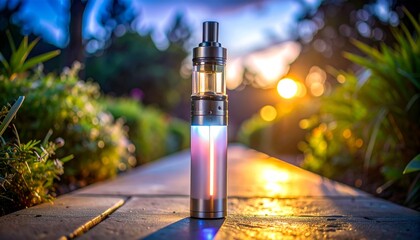 Vibrant Vaping Device in Outdoor Garden at Sunset Glow