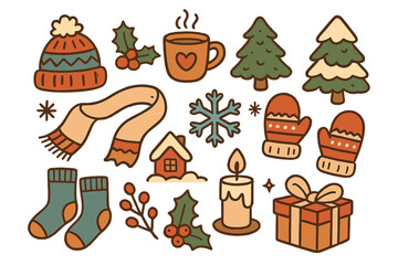 Charming winter doodles, cozy Christmas festive elements. Vector cartoon illustration set. Retro holiday icons with hat, scarf, mittens, socks, gift, tree, and hot drink.