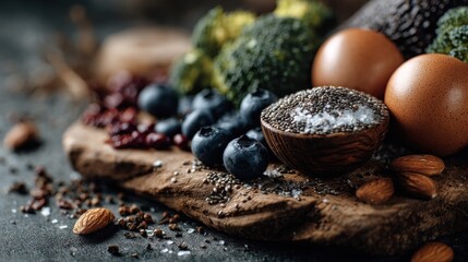 Obraz premium Nutritious food ingredients display on rustic wooden board