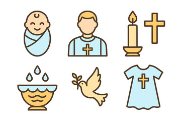 Christening ceremony vector icon set. Flat linear symbols for baptism. Religious rituals collection for christian sacrament celebration. Baby, priest, cross, candle, dove.