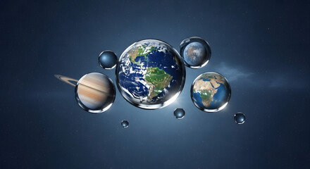 Planet Earth and the solar system suspended inside reflective water drops on a dark blue cosmic backdrop